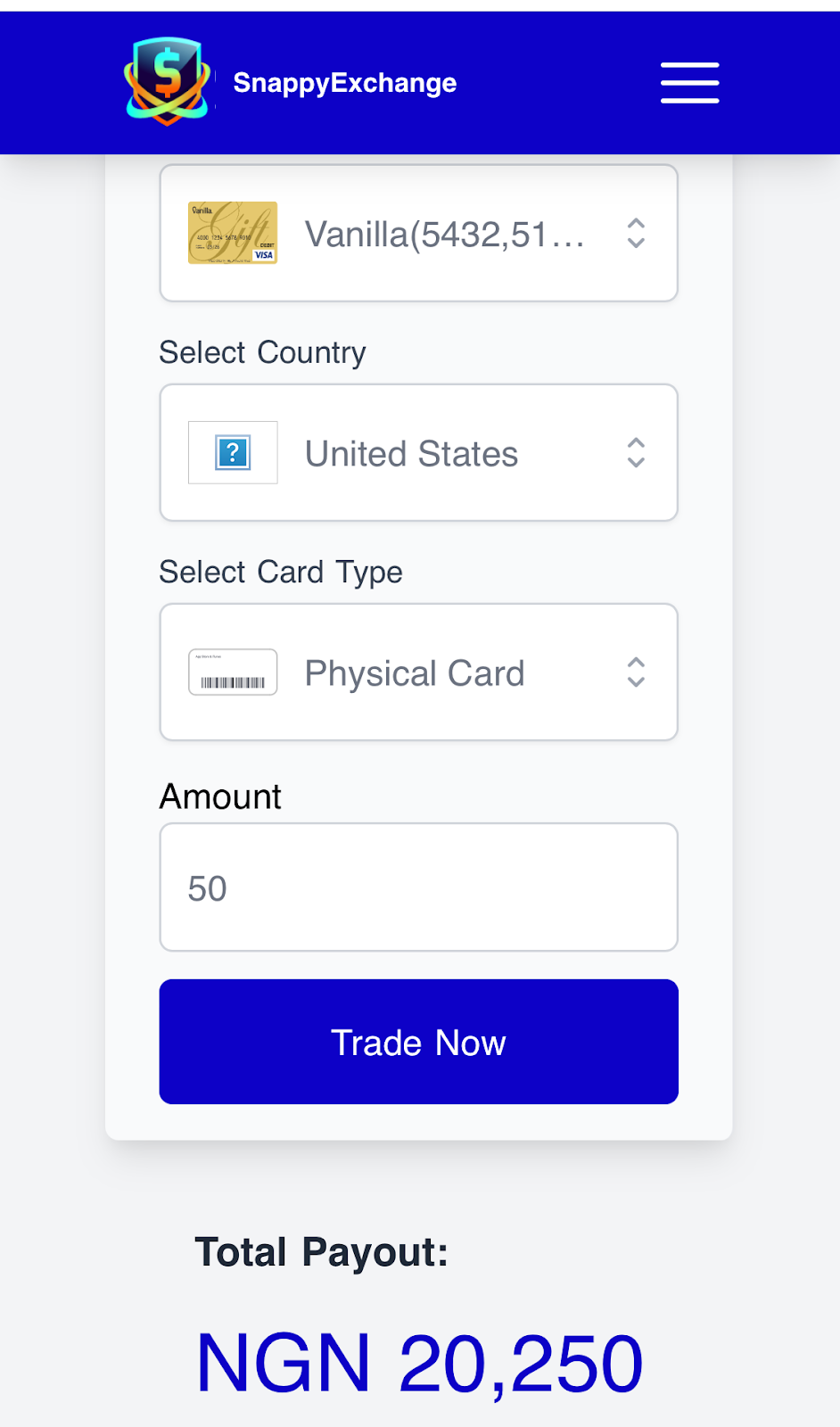how much is vanilla gift card $50 in naira